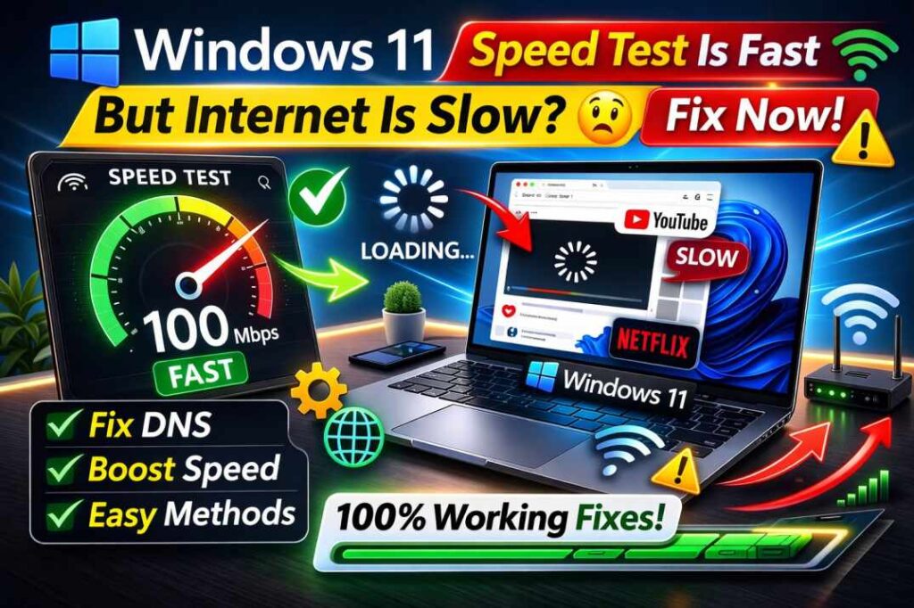Windows 11 speed test fast but internet slow issue on laptop