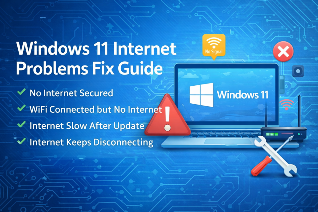 Windows 11 internet problems like no internet secured, wifi connected but no internet