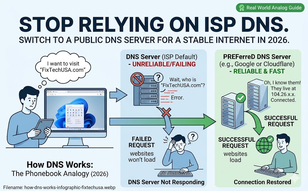 Diagram explaining how DNS translation fails on unreliable ISP servers and succeeds on fast public DNS in 2026